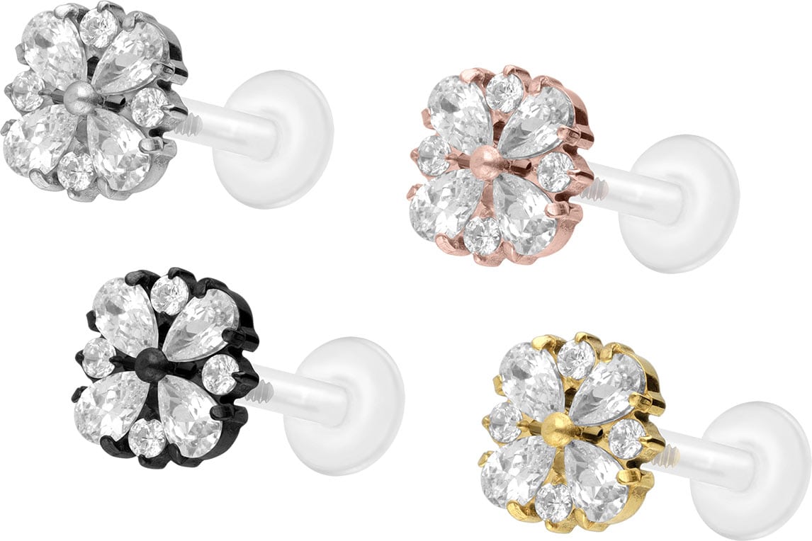 PTFE Labret Piercing mit Innengewinde + Titan-Aufsatz KRISTALLORNAMENT